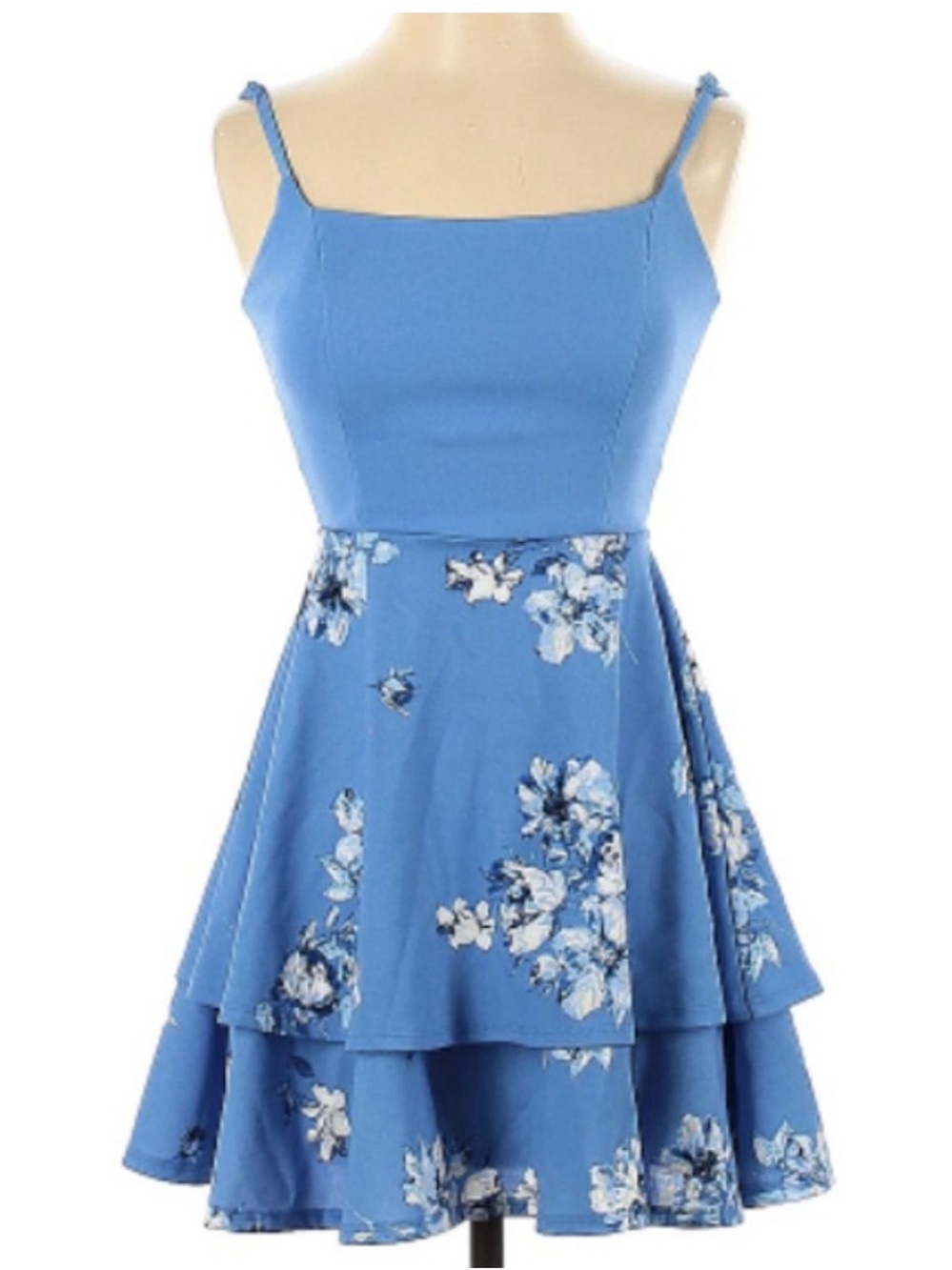Sky Blue Floral Tiered Mini Dress with Spaghetti Straps